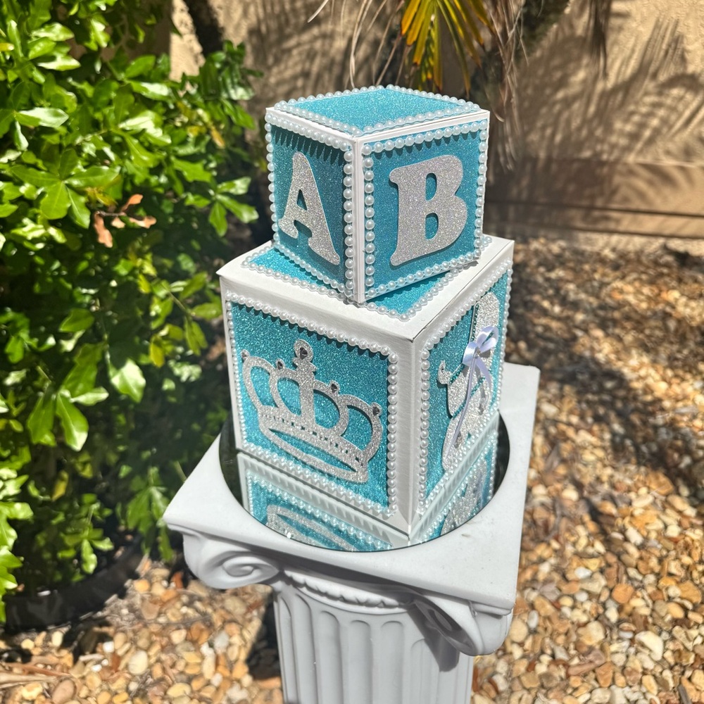 Sparkling Baby Blue Baby Block Décor with Pearl Trim